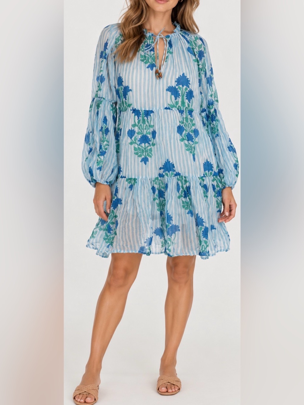 Oliphant Blue Floral Stripe Tiered Mini Dress – Size Medium – 100% Cotton